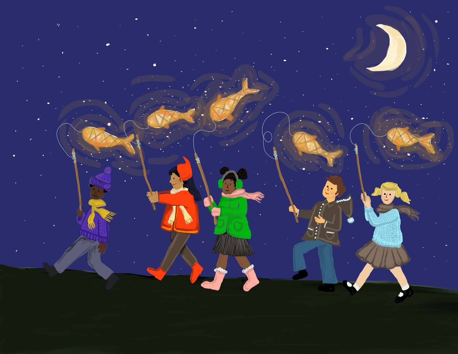 children carrying fish lanterns