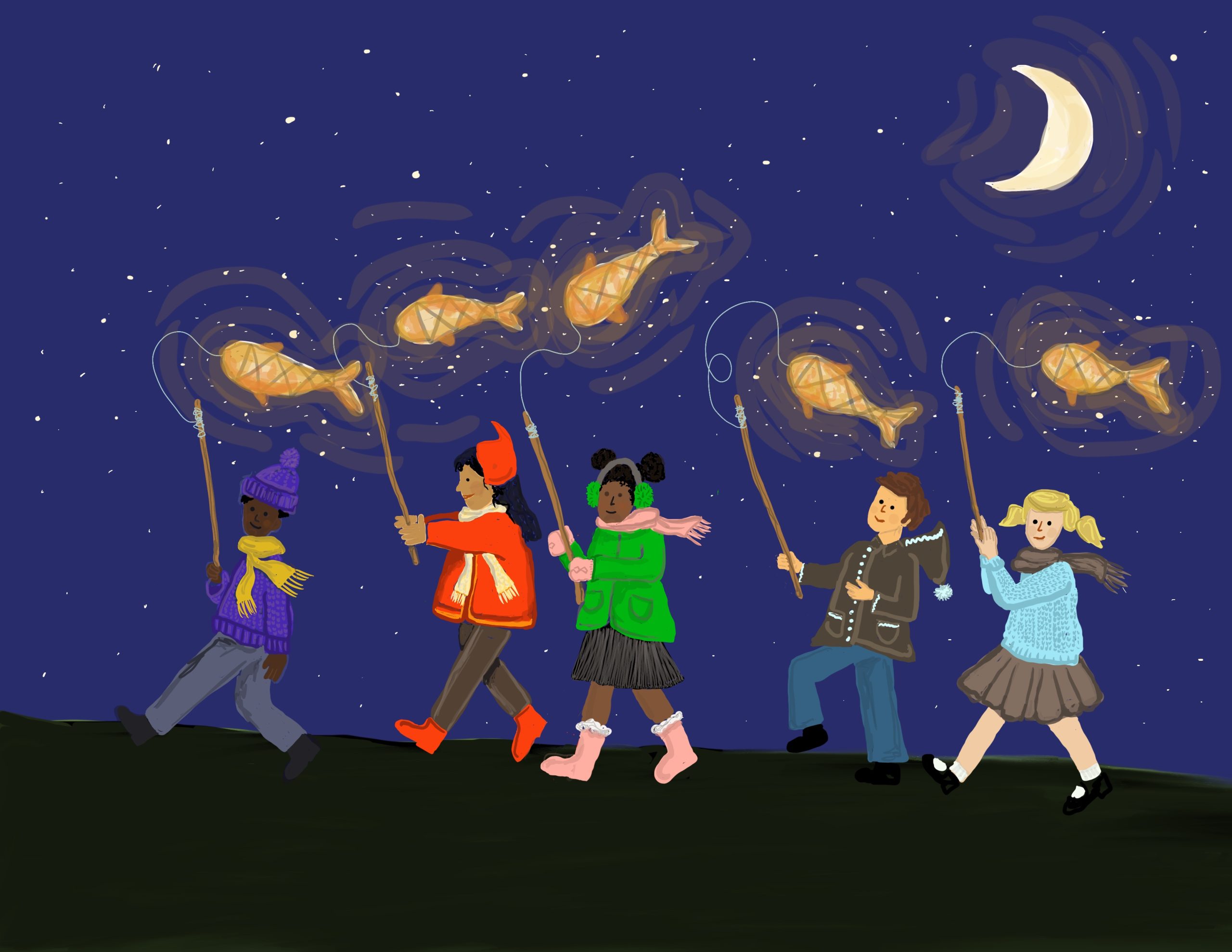 children carrying fish lanterns