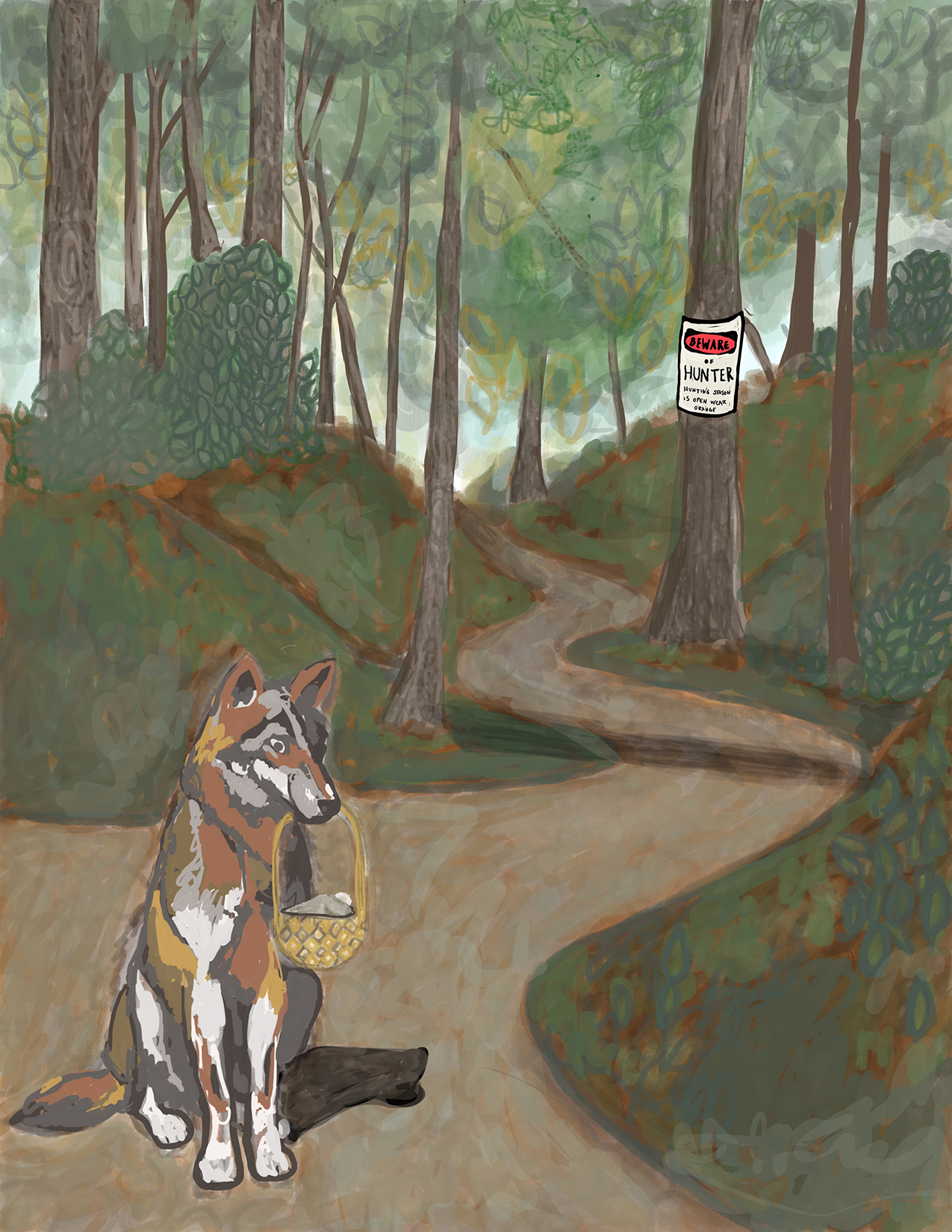 red wolf bringing a basket of food to his sick grandma