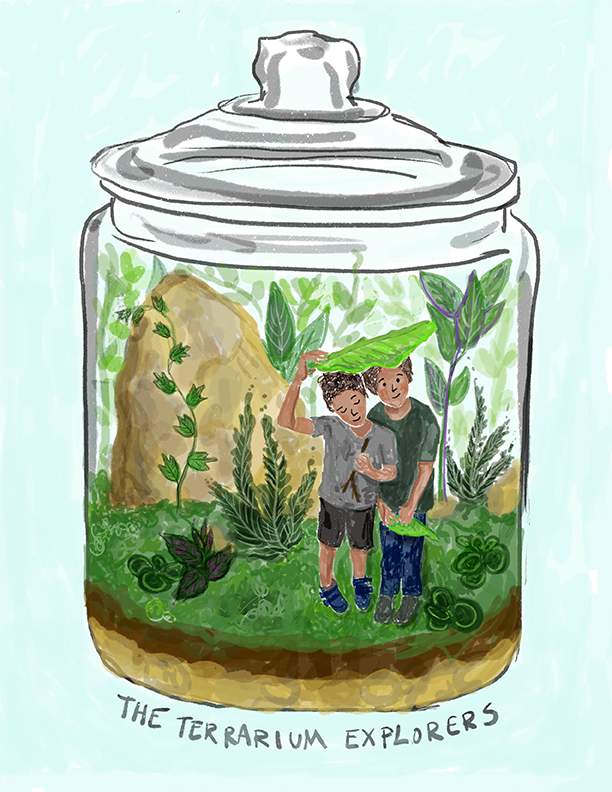 two boys exploring a terrarium